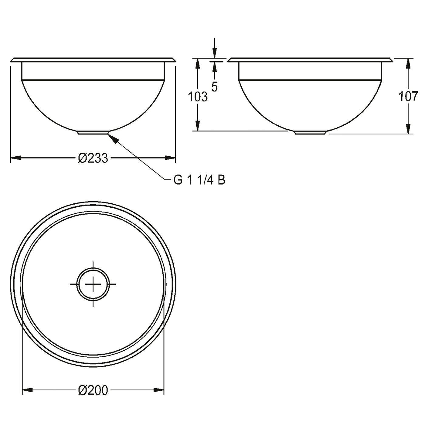 Technische Zeichnung eines runden Beckens/Waschbeckens mit Vorder-, Seiten- und Draufsicht mit Abmessungen: 233 mm breit, 200 mm Durchmesser, 103/107 mm Höhe, G 1 1/4 B Ablaufverbindung.