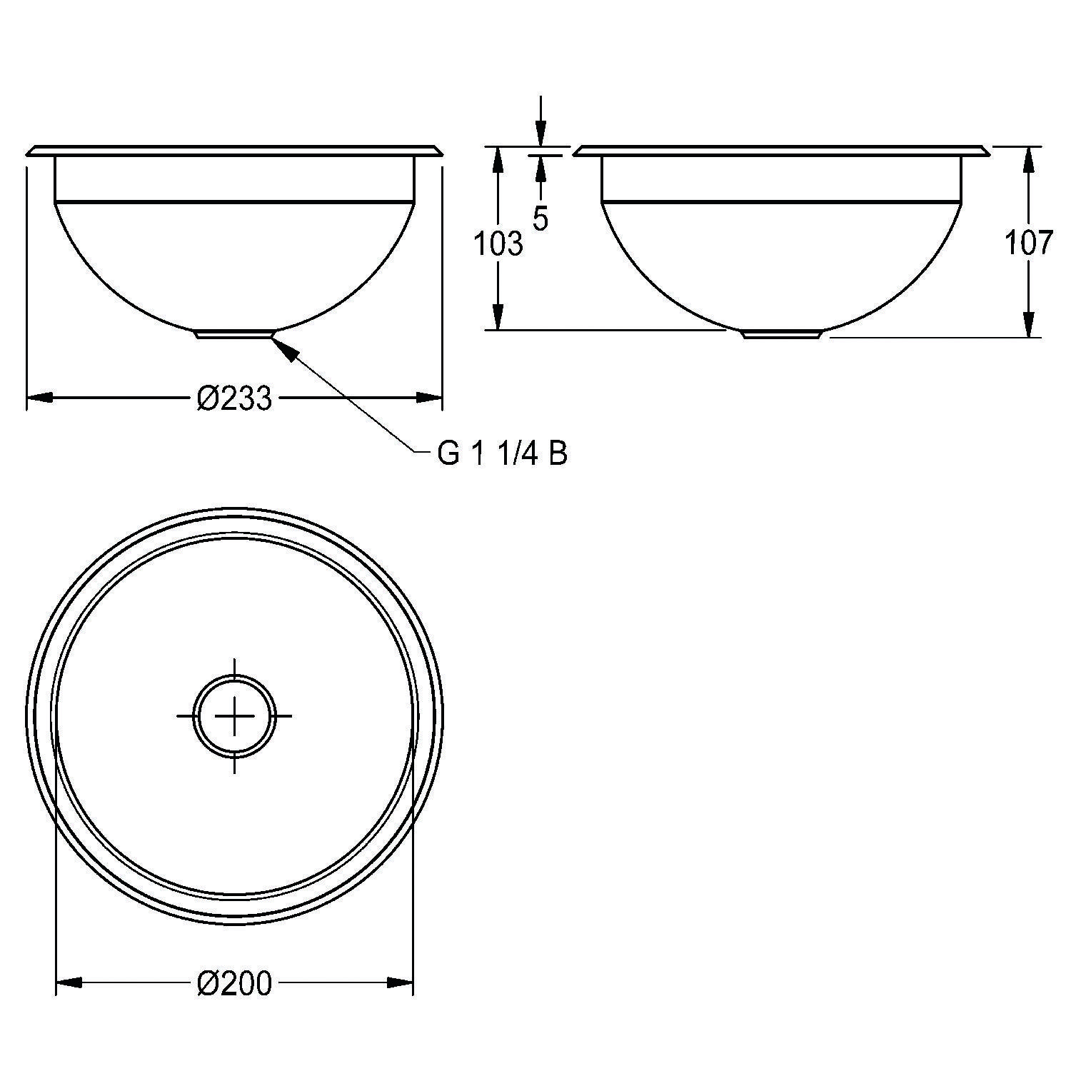 Eine technische Zeichnung einer runden Waschbecken-Schale mit Abmessungen: Durchmesser oben 233 mm, Tiefe 107 mm, Durchmesser Basis 200 mm und Ablauföffnung G1 1/4 B.
