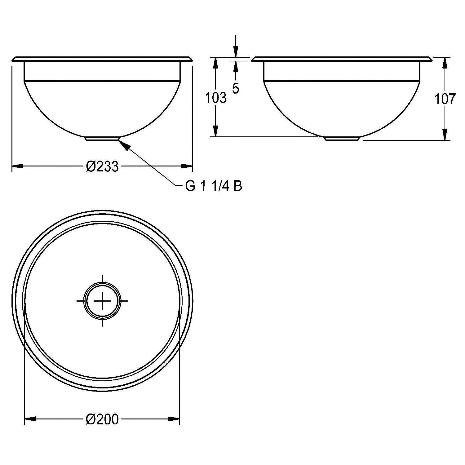 Technische Zeichnung einer Waschbecken-Schale mit Seiten- und Draufsicht. Maße: Durchmesser 233 mm, Höhe 107 mm, Innendurchmesser 200 mm.