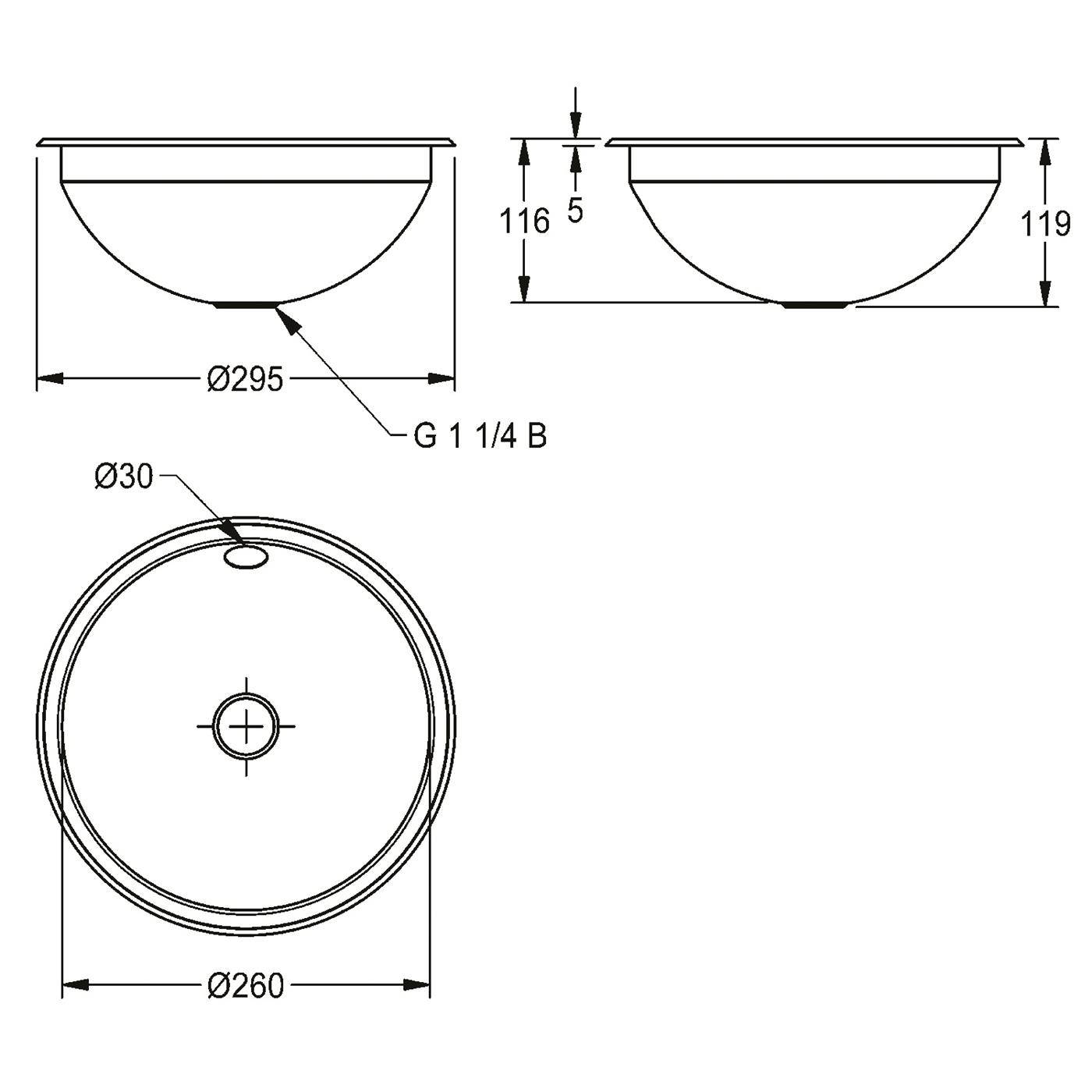 Technische Zeichnung eines runden Beckens mit Vorder- und Seitenansicht mit den Abmessungen Ø295, Ø260, 116, 119 und Ablaufloch Ø30 gekennzeichnet G 1 1/4 B.