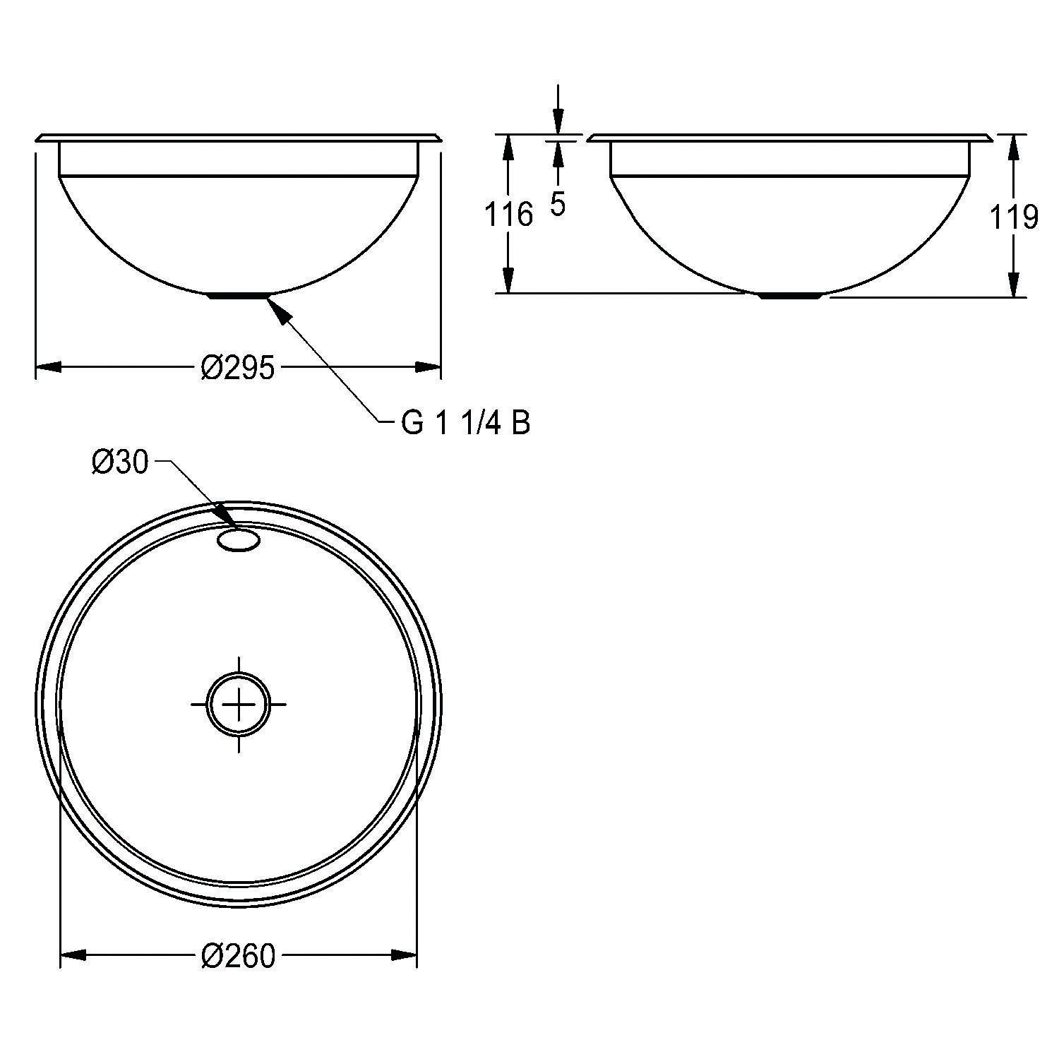 Technische Zeichnung eines kreisförmigen Beckens mit Maßen: 295 mm Durchmesser, 260 mm Bodendurchmesser, 119 mm Höhe, 5 mm oberer Rand, gekennzeichnet mit 'G 1 1/4 B'.