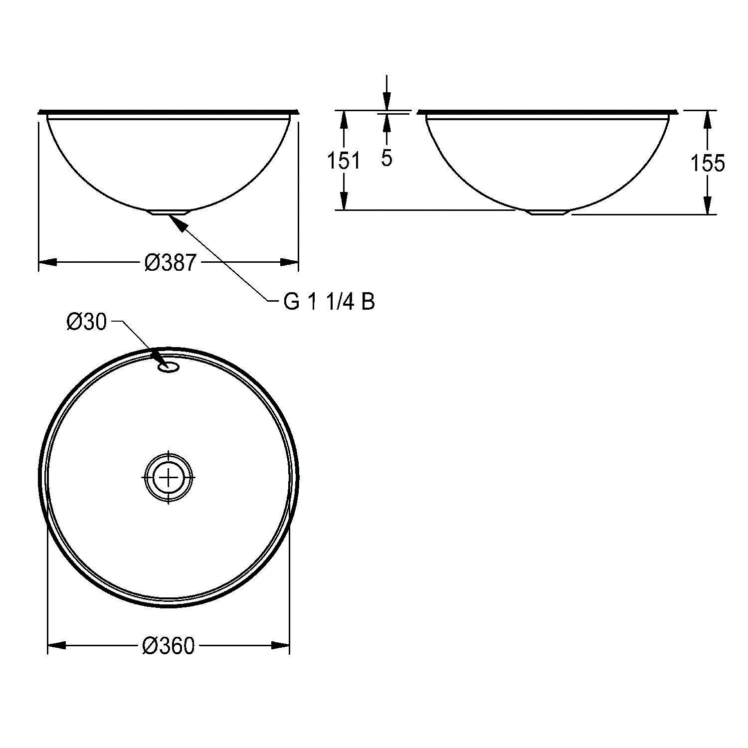 Technische Zeichnung eines schalenförmigen Waschbeckens, Abmessungen angegeben: Durchmesser 387 mm, Tiefenbereich 151-155 mm, einschließlich Ablaufbohrung mit 30 mm Durchmesser, G 1 1/4 B Rohranschluss.