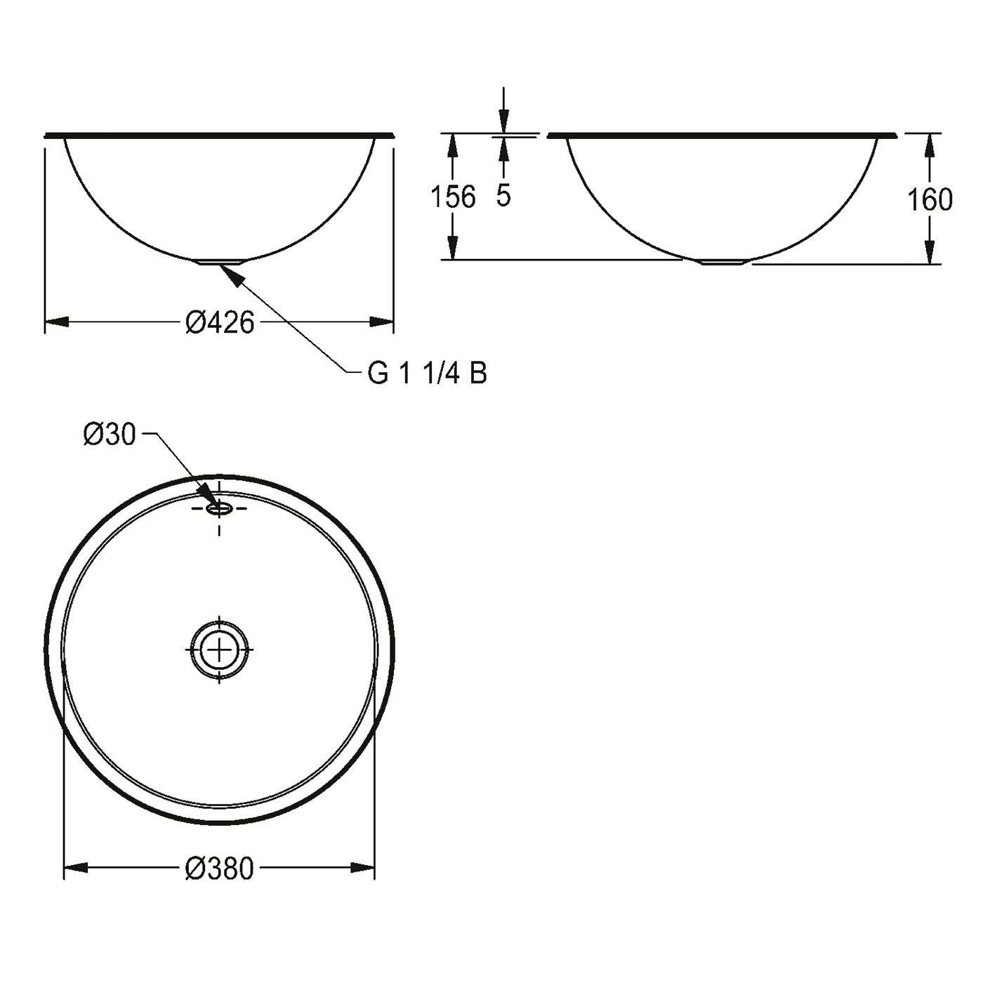 Technische Zeichnung eines runden Rundbeckens mit Abmessungen: 426 mm Breite, 380 mm Durchmesser oben, 156/160 mm Tiefe, 30 mm Öffnung und G 1 1/4 B Ablaufanschluss.