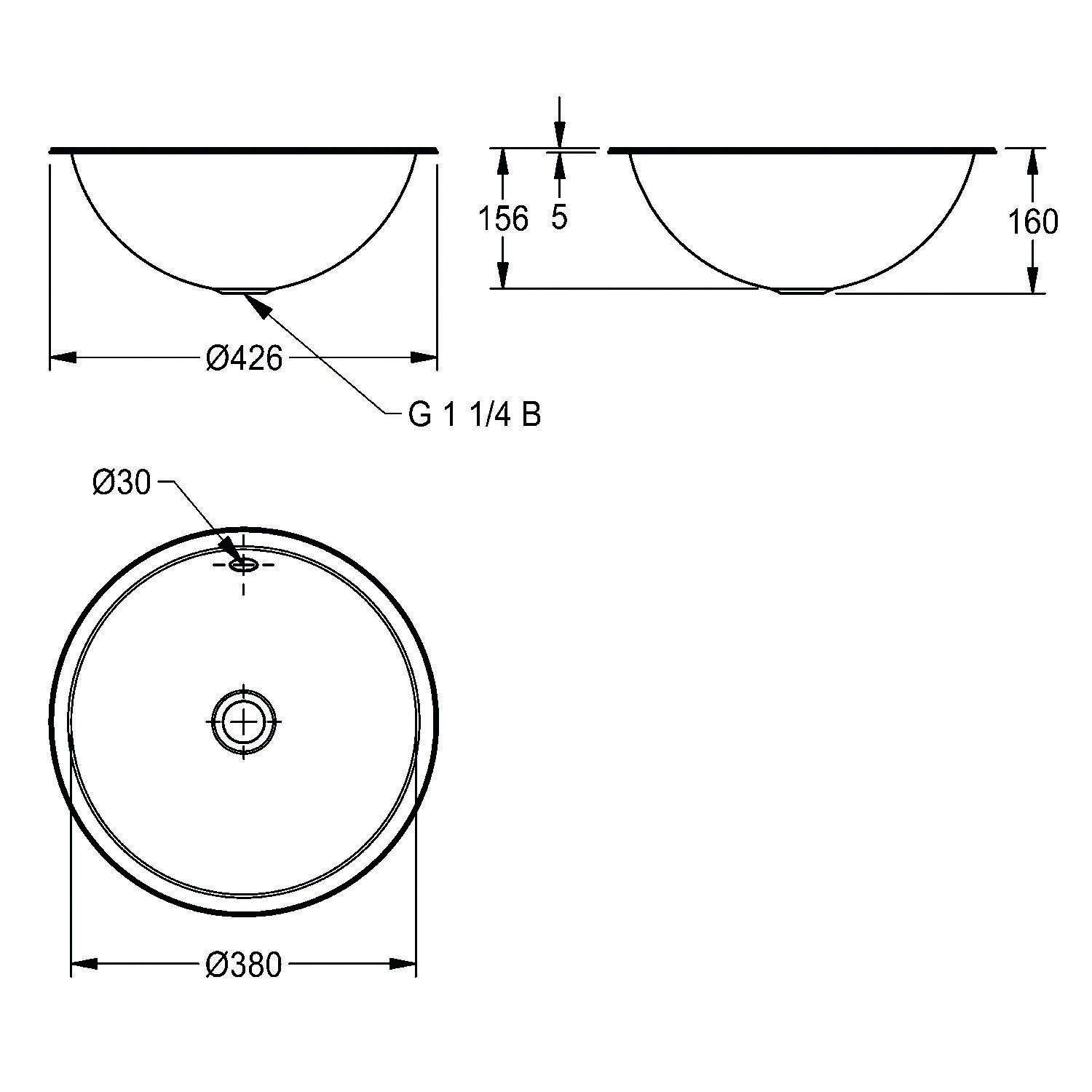 Technische Zeichnung eines runden Waschbeckens. Die Vorderansicht zeigt eine Höhe von 160 mm, einen Durchmesser von 426 mm; die Draufsicht zeigt einen Beckendurchmesser von 380 mm, ein 30 mm großes Loch.