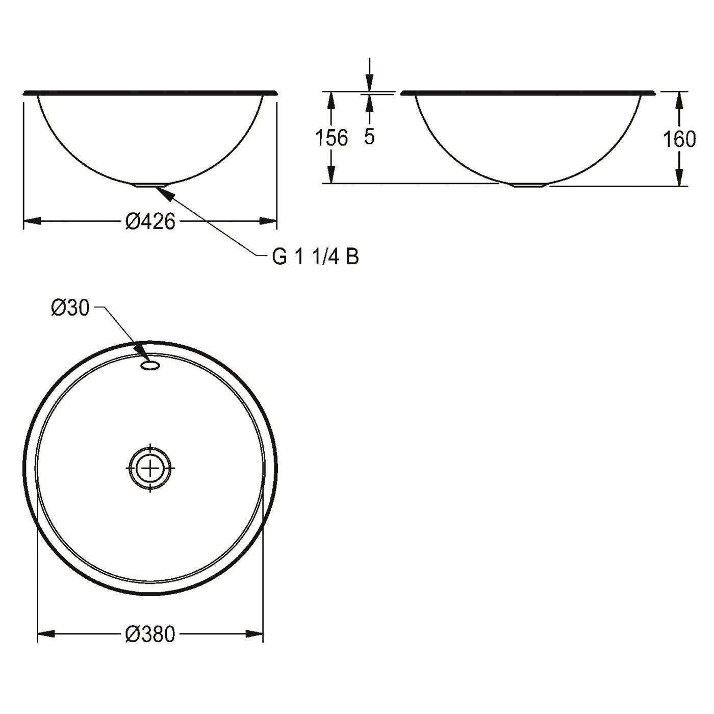Technische Zeichnung eines runden Beckens oder Waschbeckens mit Draufsicht und Seitenansicht sowie Abmessungen: 426 mm Breite, 380 mm Durchmesser, 156–160 mm Tiefe und G 1 1/4 B Ablaufanschluss.
