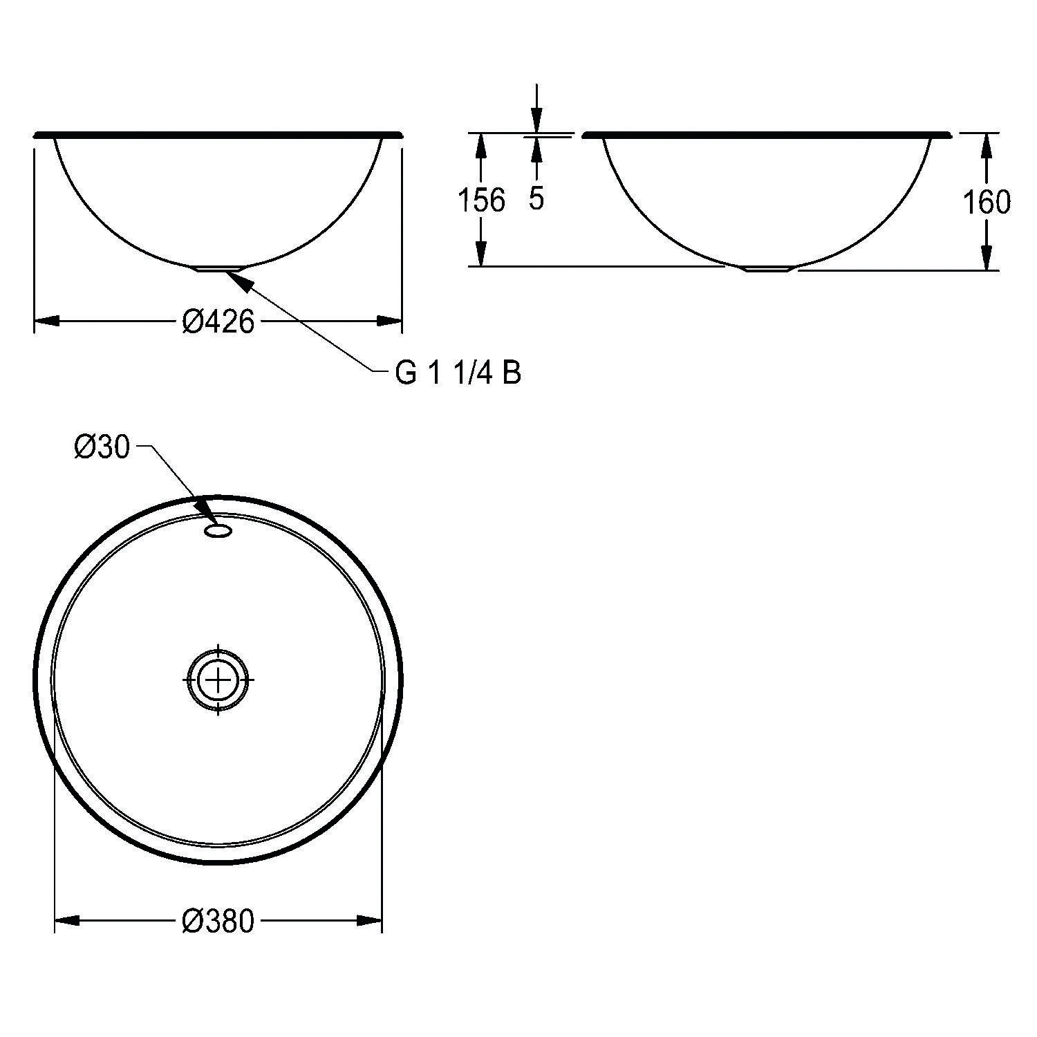 Diagramm eines runden Waschbeckens mit Abmessungen: 426 mm Durchmesser, 160 mm Tiefe und 380 mm Bodendurchmesser. Einlass beschriftet mit „G 1 1/4 B
