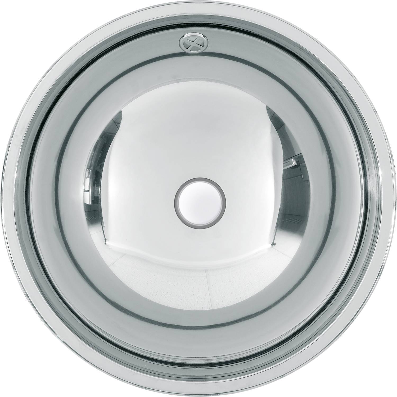 Eine kreisförmige Deckenleuchte mit modernem Design, die eine zentrale Glühbirne mit einem reflektierenden, metallischen Ring umgeben zeigt, von unten betrachtet.