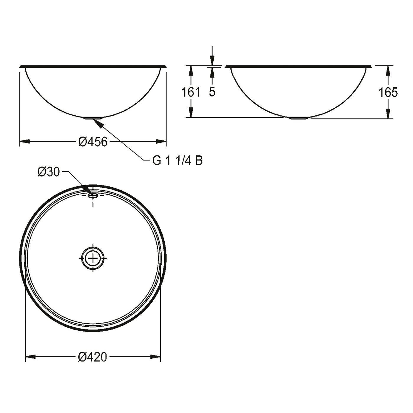 Technische Zeichnung eines runden Beckens mit Abmessungen: Ø456 Außenbreite, Ø420 Oberkante-Durchmesser, 161/165 Höhe, 5 mm Kante, Ø30 Öffnung und G 1 1/4 B Ablaufverbindung.