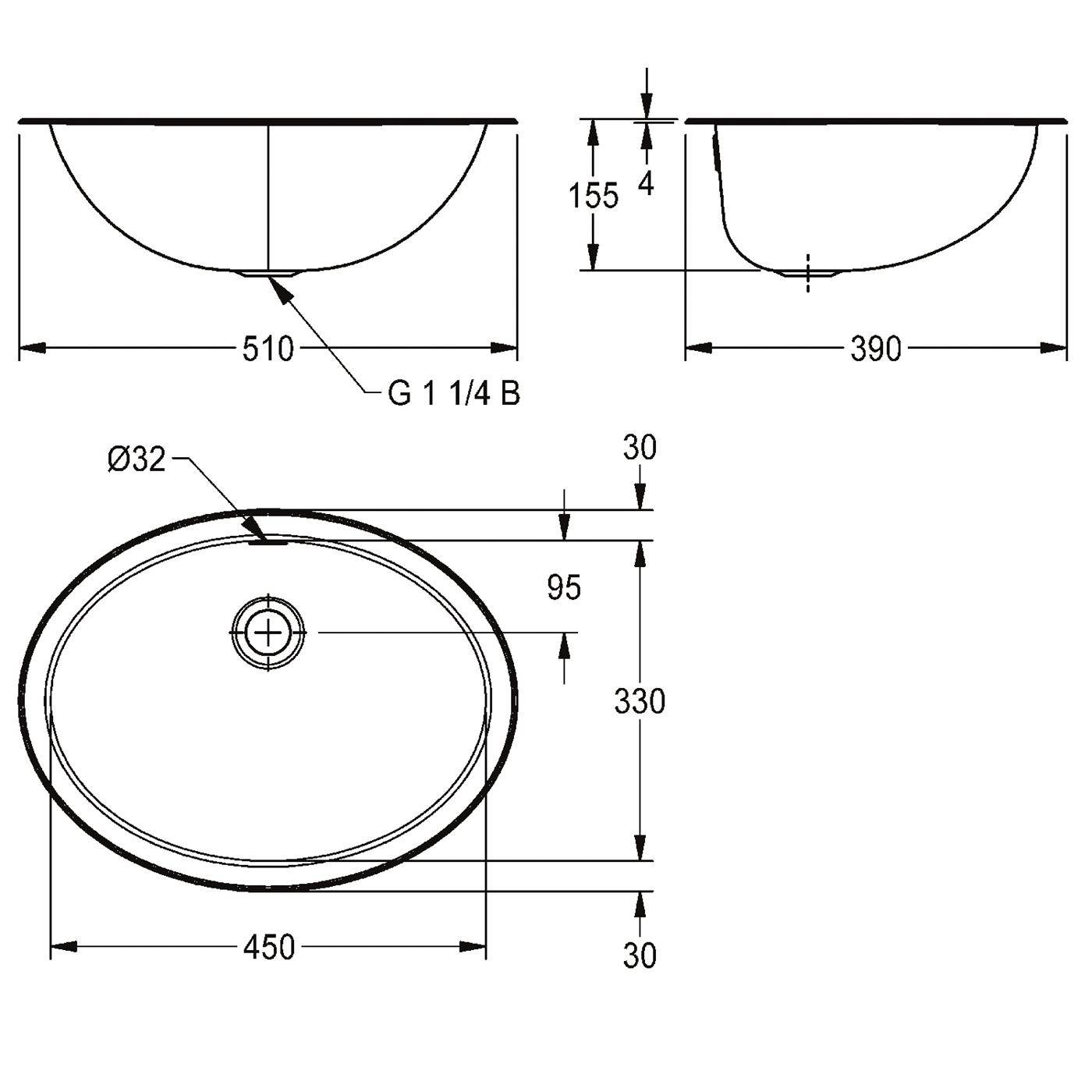 Technische Maßzeichnung eines ovalen Beckens mit Vorder-, Seiten- und Draufsicht mit Abmessungen 510, 390, 450, 330, 155, 95, 32 und 30 mm sowie G 1 1/4 B Abflussgröße.