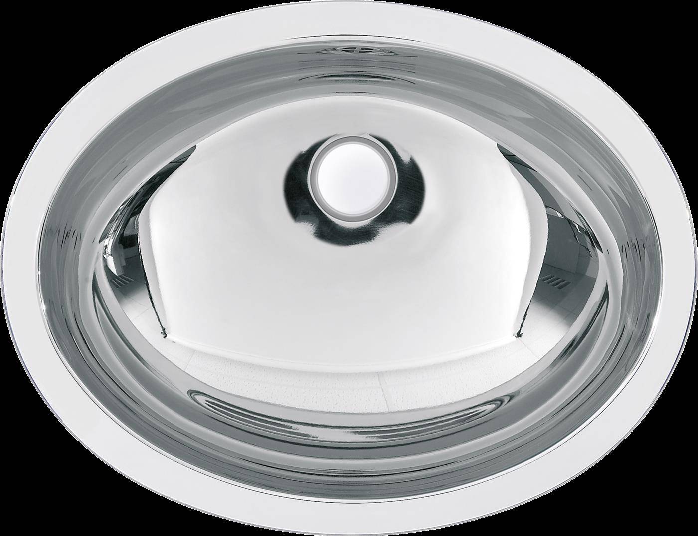 Ovales verchromtes Spülbecken von oben gesehen, mit zentraler Abflussöffnung und reflektierender Metalloberfläche.