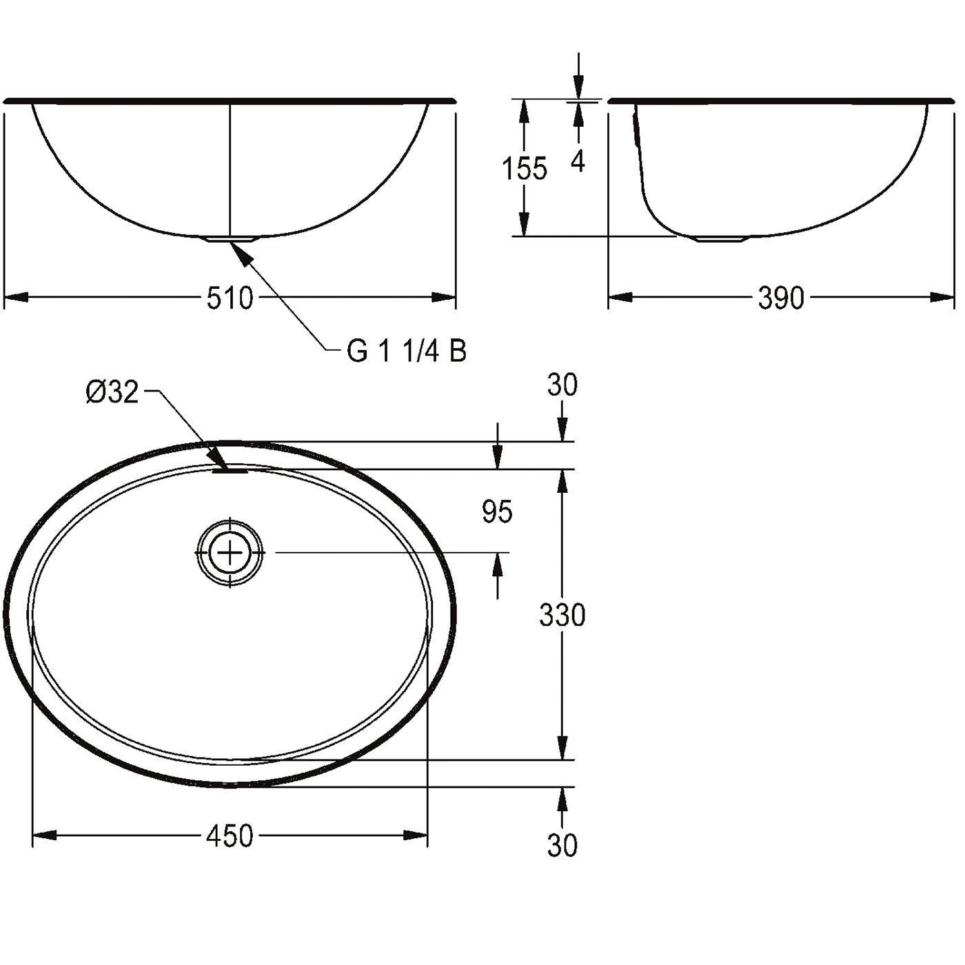 Technische Zeichnung eines ovalen Waschbeckens mit Draufsicht, Seitenansicht und Grundrissansicht, zeigt Abmessungen 510 x 390 x 155 mm und Details für Ablauf/Bohrung.