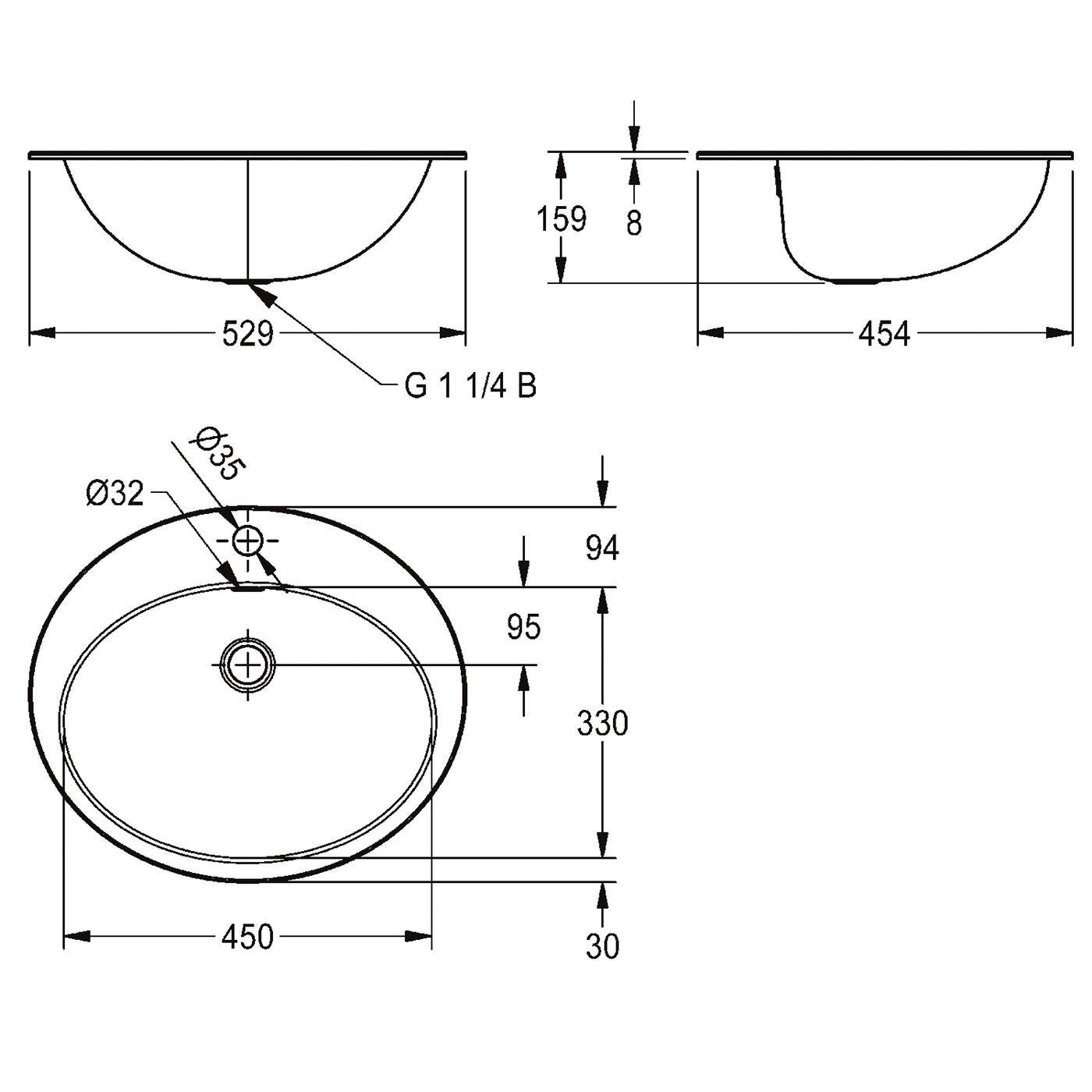 Technische Zeichnung eines ovalen Waschbeckens mit Abmessungen und Rohrleitungsanschlüssen, die Draufsicht und Seitenansicht zeigen, gekennzeichnet mit 529, 454, 450, 330, 159, 94, 95, 30, Ø35, Ø32 und G 1 1/4 B.