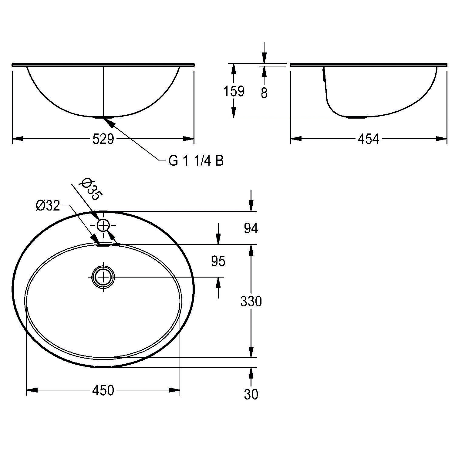 Diagramm eines ovalen Waschbeckens mit Abmessungen: 529 mm Breite, 454 mm Tiefe, G 1 1/4 B Ablauf. Ansichten von oben und der Seite mit detaillierten Maßangaben.