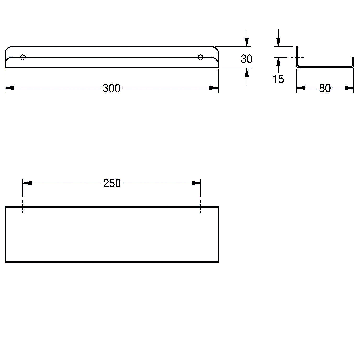 Technische Zeichnung einer Wandhalterung. Draufsicht zeigt Halterung mit Abmessungen: 300 mm Länge, 30 mm Höhe, 80 mm Ausladung; Seitenansicht zeigt 250 mm Breite.