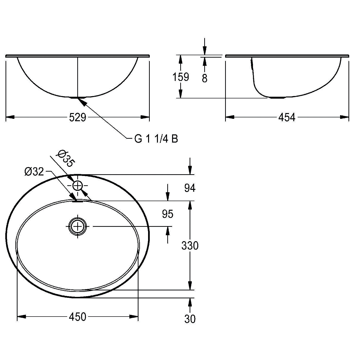 Technische Zeichnung eines ovalen Waschbeckens mit Maßen: 529 mm Breite, 454 mm Tiefe, 159 mm Höhe. Enthält Ablaufbohrung und Installationsdetails.