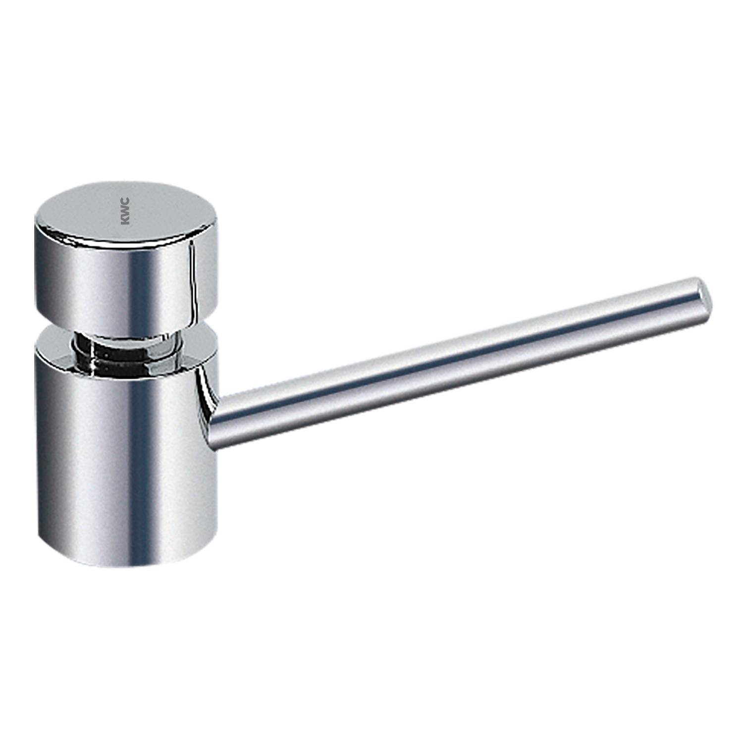 Eine glänzende, verchromte zylindrische Wasserhahn-Armatur mit einem langen Hebel, vor einem schwarzen Hintergrund.