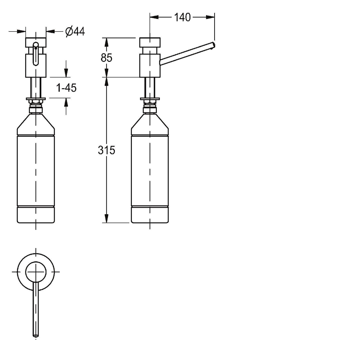 Technische Strichzeichnung eines Flaschen-Pumpzerstäubers dargestellt in Vorder- und Seitenansicht, mit beschrifteten Abmessungen von 44 mm Durchmesser, 315 mm Höhe, 140 mm Auslauffernlänge und 85 mm Oberteil.