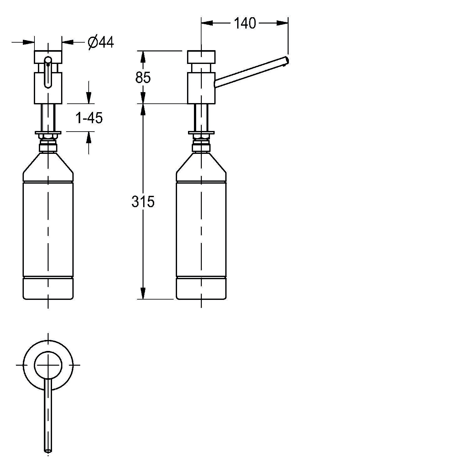 Technische Zeichnung eines Seifenspenders. Abmessungen umfassen eine Höhe von 315 mm, eine Auslaufverlängerung von 140 mm und einen Durchmesser von 44 mm.