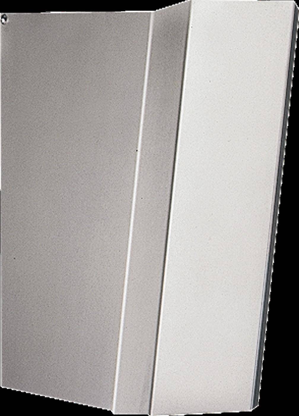 Nahaufnahme eines grau und weiß gefalteten Panels oder Hefts, geöffnet mit einer zentralen Naht und ebenen Flächen.