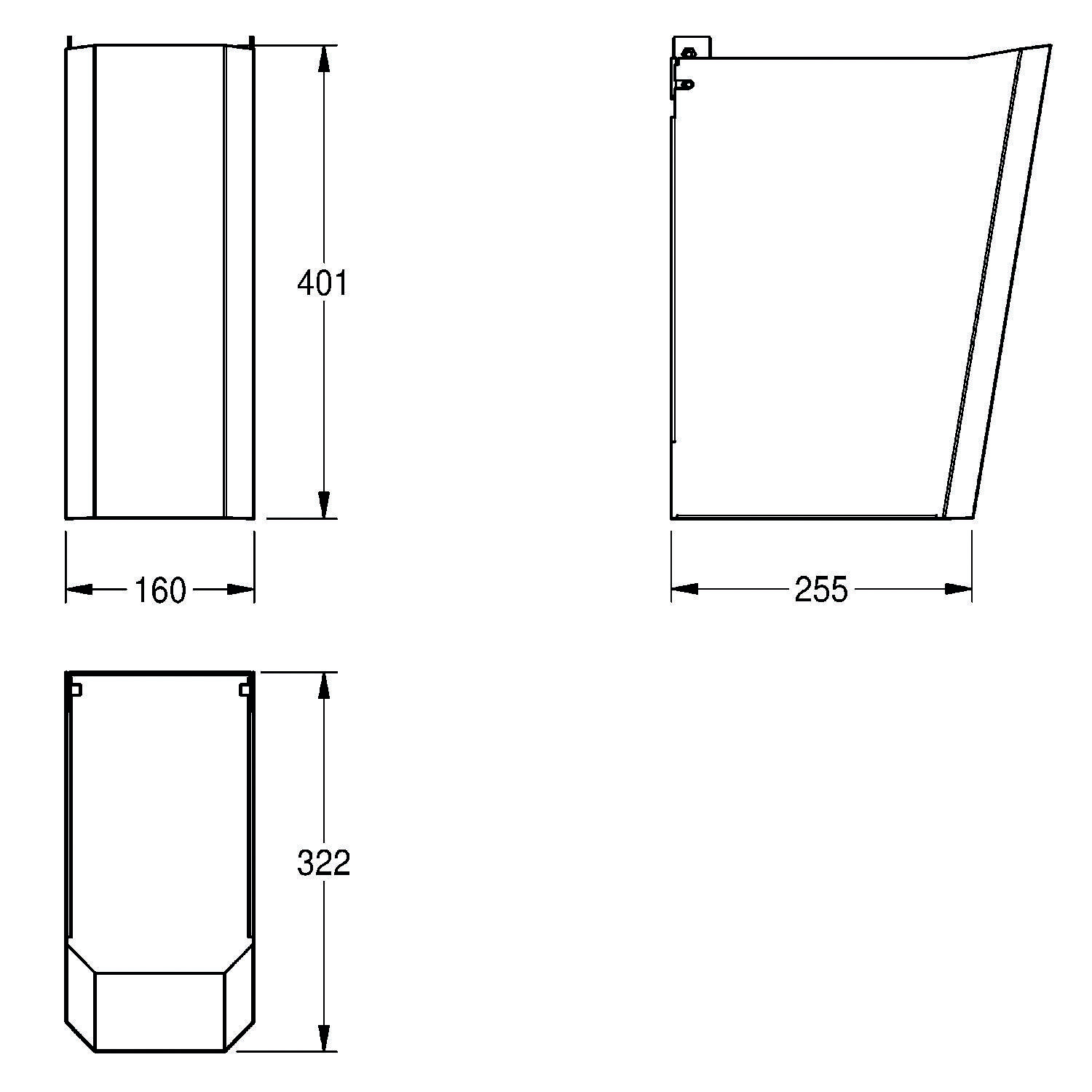 Technische Zeichnung eines rechteckigen Wandmontage-Objekts mit Abmessungen: Höhe 401 mm, Breite 160 mm und Tiefe 255 mm.