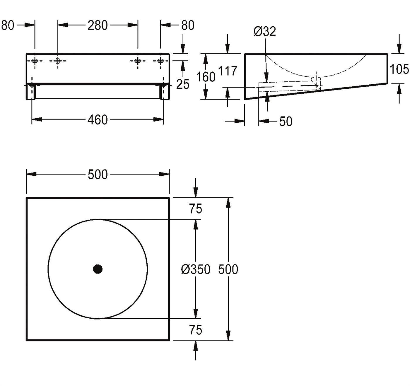 Technische Zeichnung eines quadratischen Panels mit einem großen kreisförmigen Merkmal, dargestellt in Front- und Seitenansicht mit Abmessungsbeschriftungen in Millimetern.