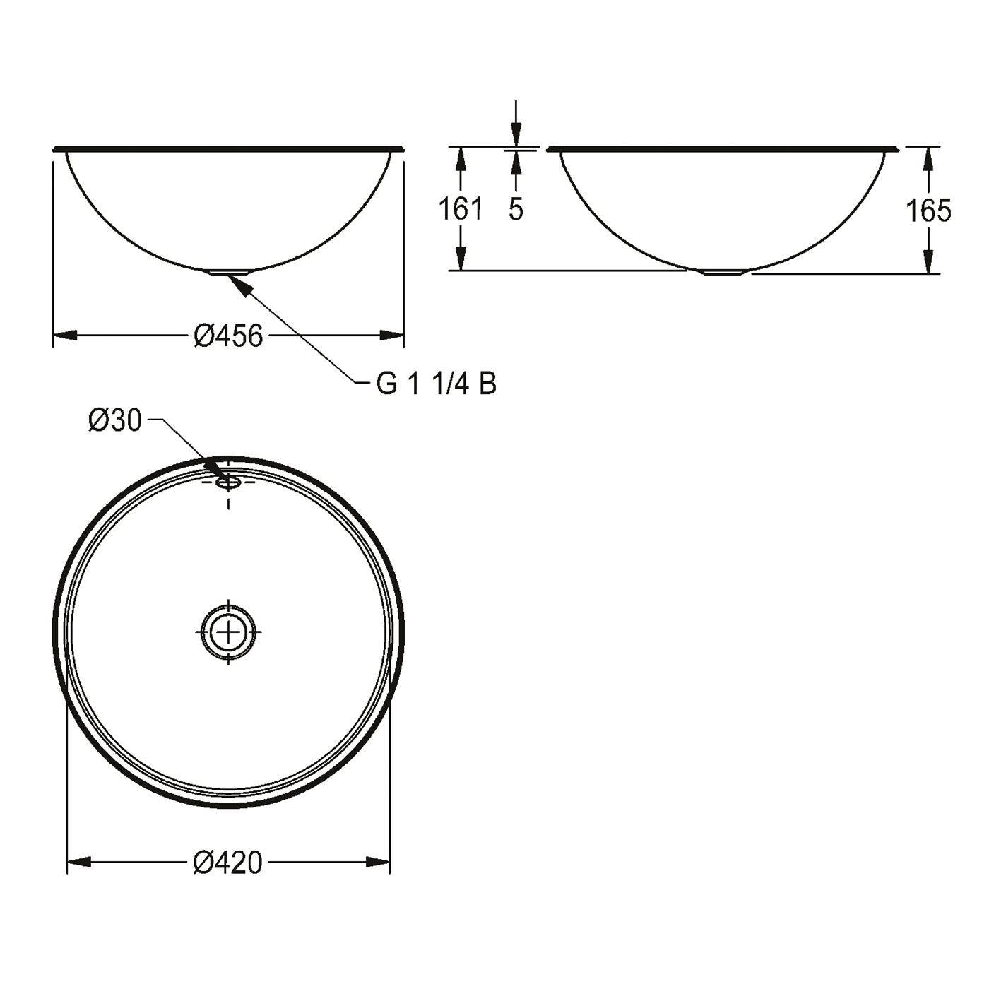 Technische Zeichnung eines runden Beckens mit Draufsicht und Seitenansicht, Abmessungen Ø456, Ø420, 161, 165, 5 und Abfluss mit Kennzeichnung G 1 1/4 B.