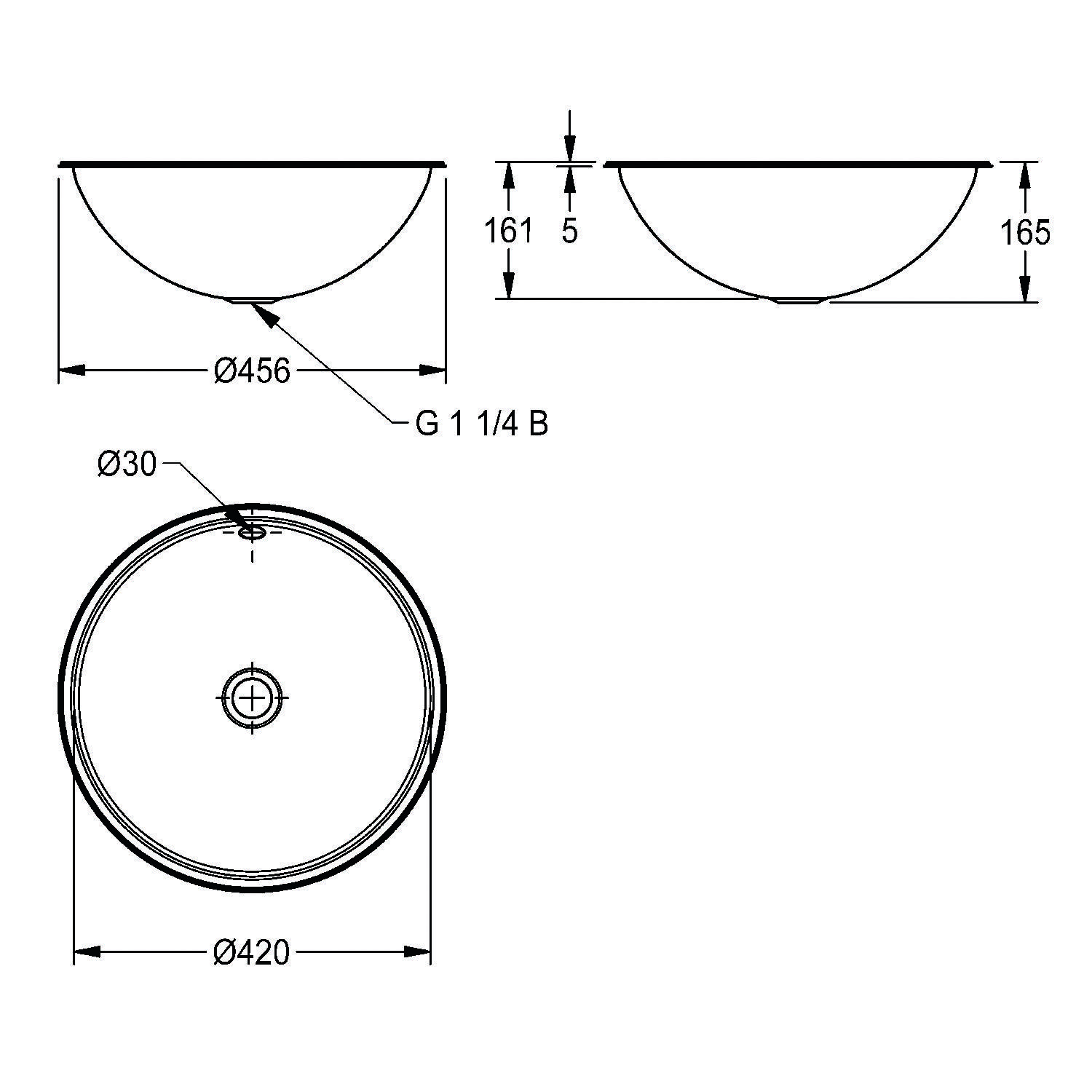 Technische Zeichnung eines runden Waschbeckens mit Abmessungen: 456 mm Durchmesser, 165 mm Tiefe und 420 mm Basisdurchmesser. Einlass gekennzeichnet als G 1 1/4B.