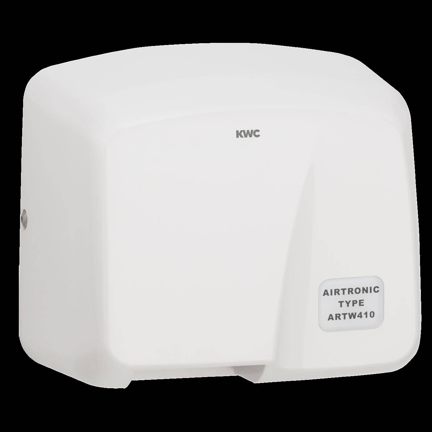 Weißer KWC Airtronic Handtrockner an der Wand montiert, beschriftet mit „AIRTRONIC TYPE ARTW410