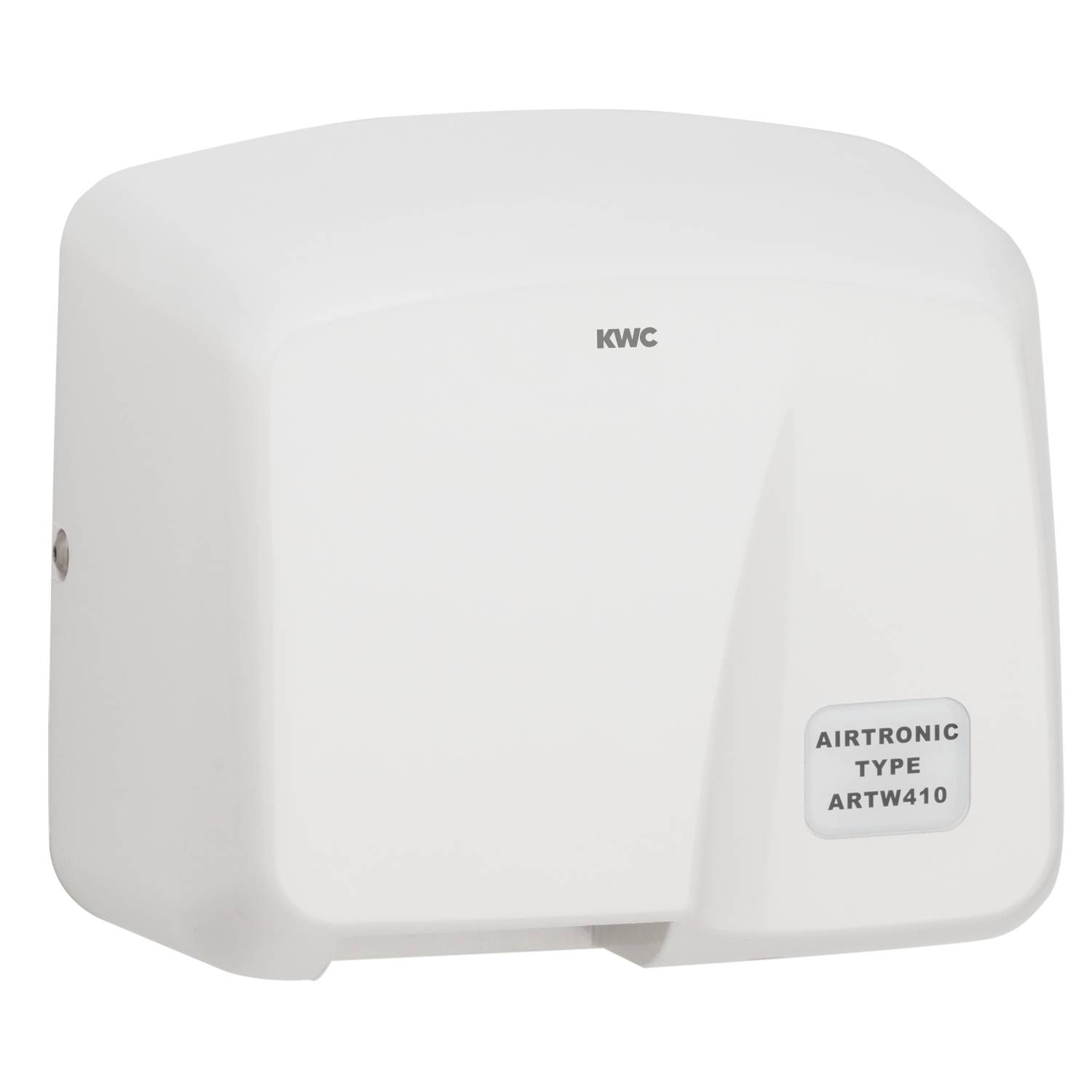 Weißer Handtrockner mit der Bezeichnung AIRTRONIC TYP ARTW410, an einer Wand montiert, mit dem Markennamen KWC.