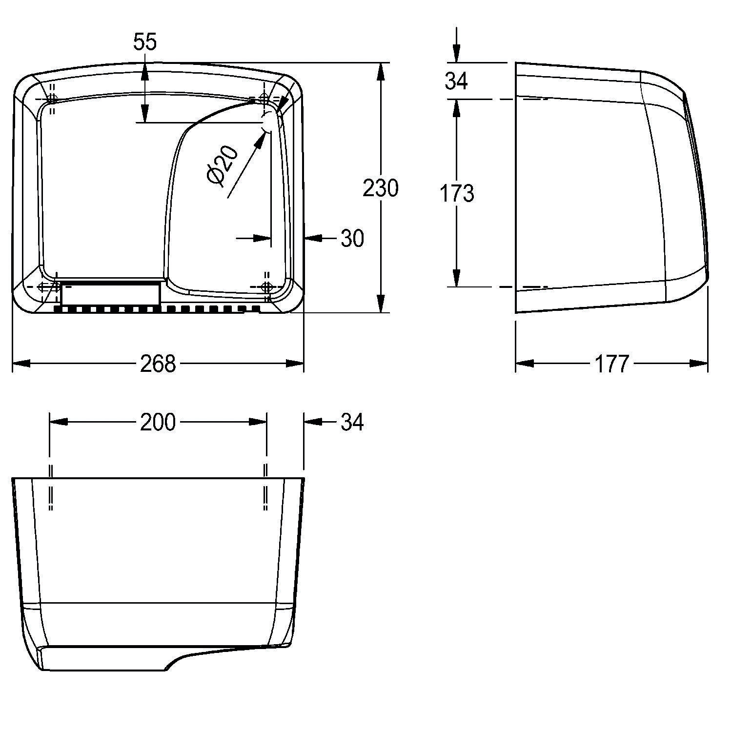 Abmessungen und Designdiagramm eines rechteckigen Objekts mit spezifischen Maßen: 268x230, 177 Höhe, 34 und 30 interner Abstand.