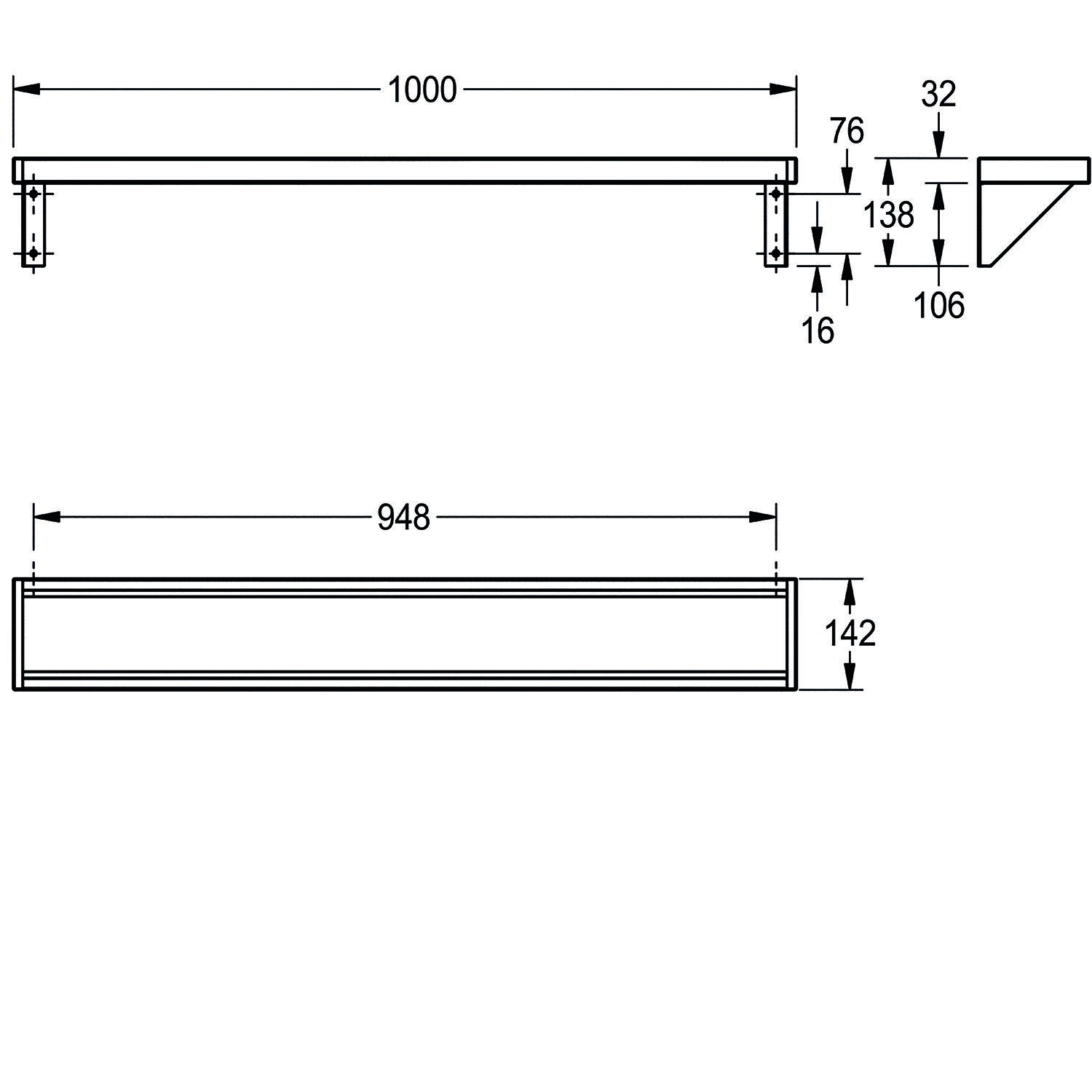 Technische Zeichnung eines Regals mit folgenden Abmessungen: 1000 mm Breite, 32 mm Höhe, seitliche Stützen von 76 mm, 106 mm Tiefe und 16 mm Abstand.