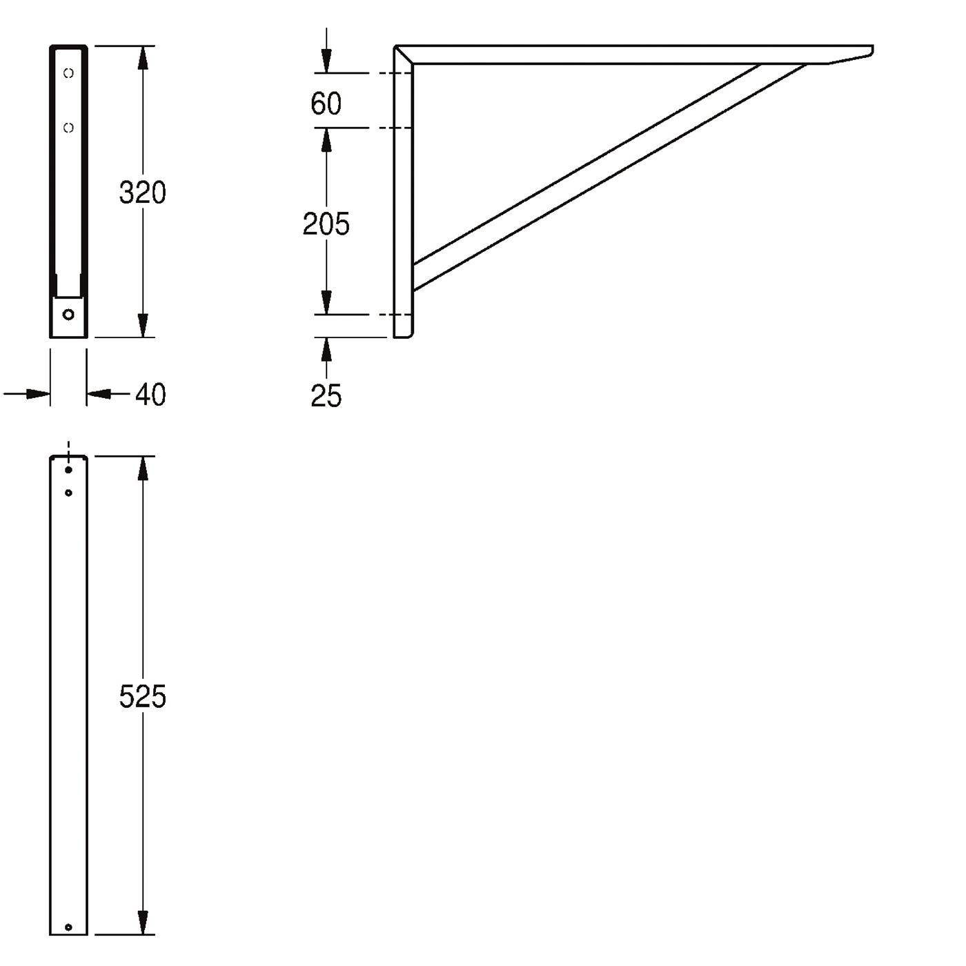 Technische Strichzeichnung einer Wandregalhalterung mit Abmessungen: 320 mm Höhe, 40 mm Breite, 525 mm Länge und Seitenstütze mit Abmessungen von 60, 205 und 25 mm.