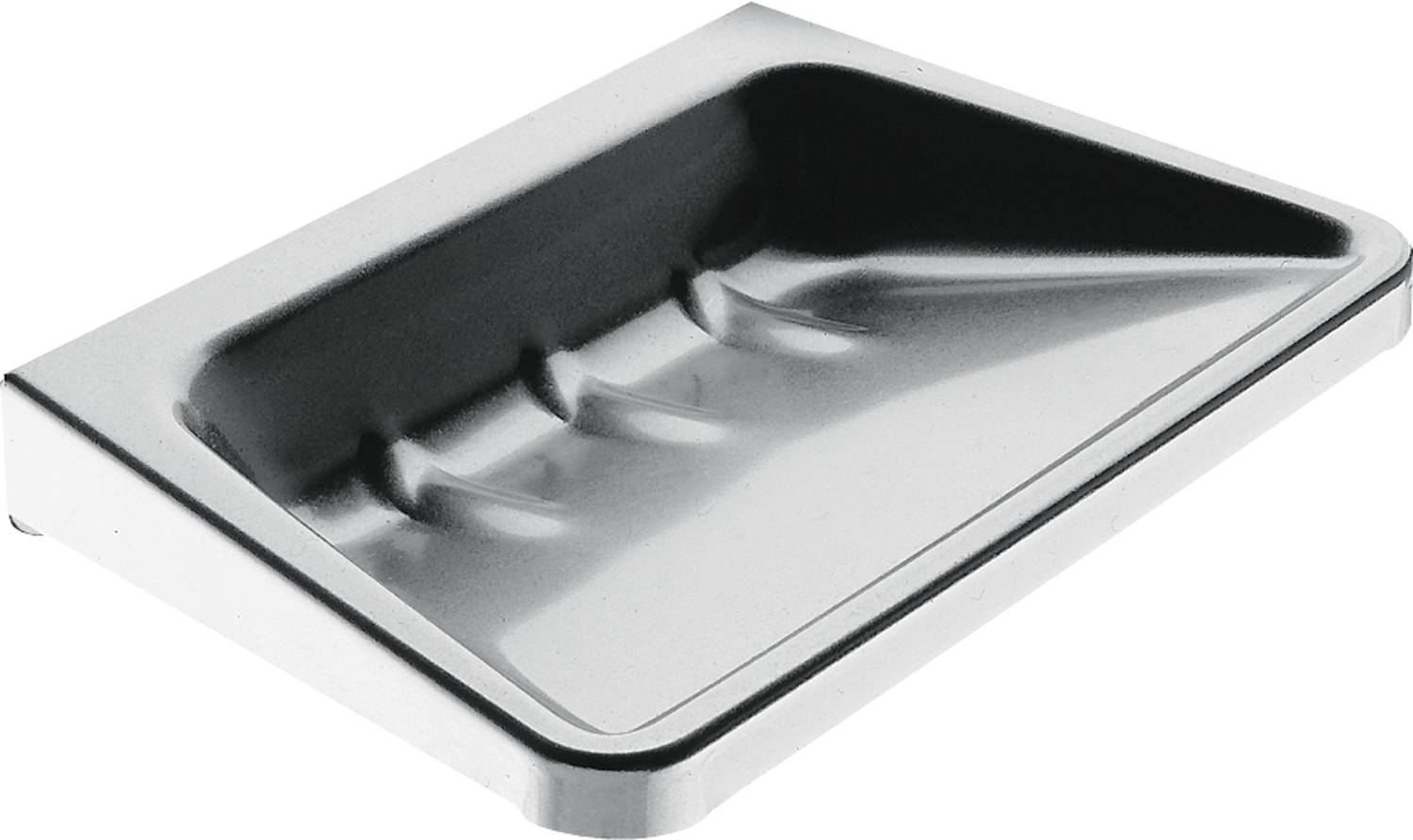 Ein Metallwaschbecken mit geneigtem Design und Rillen am Boden für eine verbesserte Drainage. Das Waschbecken ist gewinkelt und zeigt Tiefe und Textur.