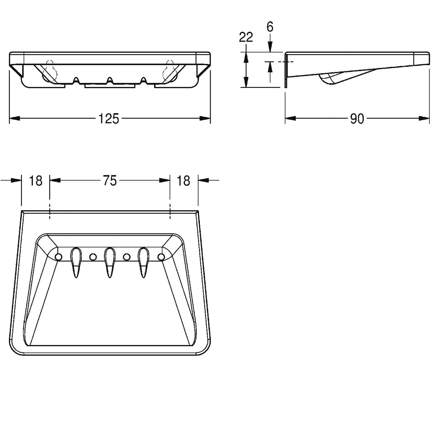 Technische Zeichnung eines trapezförmigen Teils dargestellt in Draufsicht, Seitenansicht und Vorderansicht mit Abmessungen von 125, 90, 22, 6, 18 und 75 mm.