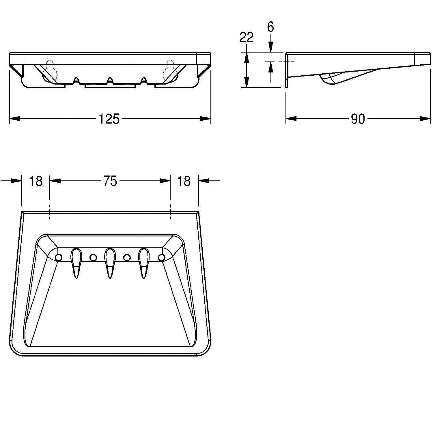 Technische Zeichnung eines kleinen rechteckigen Waschbeckens mit Maßangaben: 125 mm breit, 90 mm tief, mit Seiten- und Draufsicht.