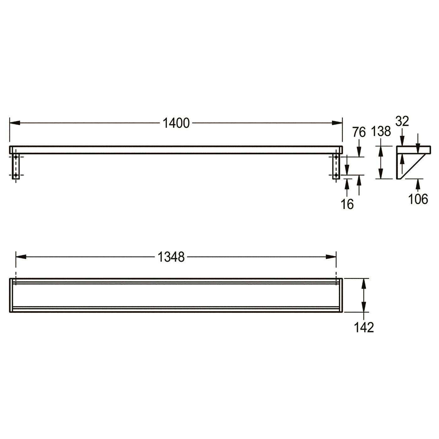 Technische Zeichnung eines rechteckigen Metallrahmens oder Regalsupports, dargestellt in Seiten- und Vorderansicht mit Abmessungen 1400 mm, 1348 mm, 142 mm, 76, 138, 32, 106 und 16 mm.