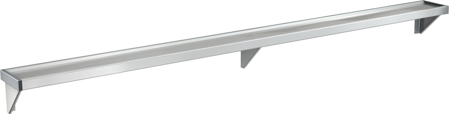 Ein schlankes, modernes Aluminium-Regal mit minimalistischem Design, das von einer einzelnen Halterung an der Unterseite zur Wandmontage getragen wird.