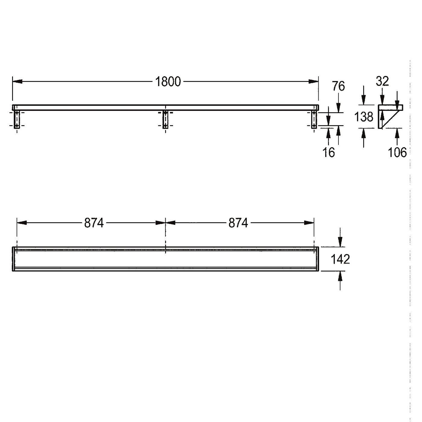 Technische Zeichnung eines langen rechteckigen Trägers oder Regals, 1800 mm breit und 142 mm hoch, mit Montageklammern und beschrifteten Schnittabmessungen 76, 32, 138, 106 und 16.