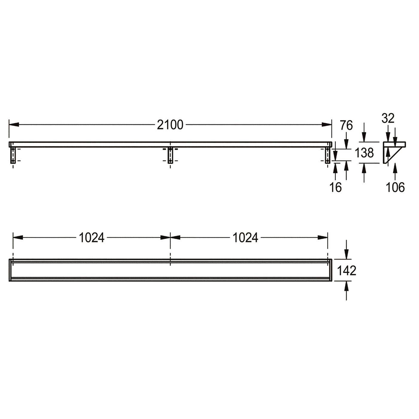 Technische Zeichnung eines rechteckigen Rahmens oder Regals mit Seiten- und Vorderansicht mit Abmessungen von 2100 mm Länge, 142 mm Höhe und 1024 mm Abschnitten.
