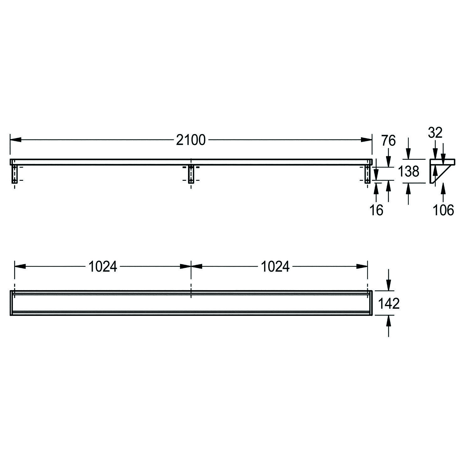 Technische Zeichnung eines Regals mit Abmessungen: Länge 2100 mm, Höhe 142 mm, Tiefe 106 mm. Beinhaltet einen Abstand von 1024 mm zwischen den Stützen.