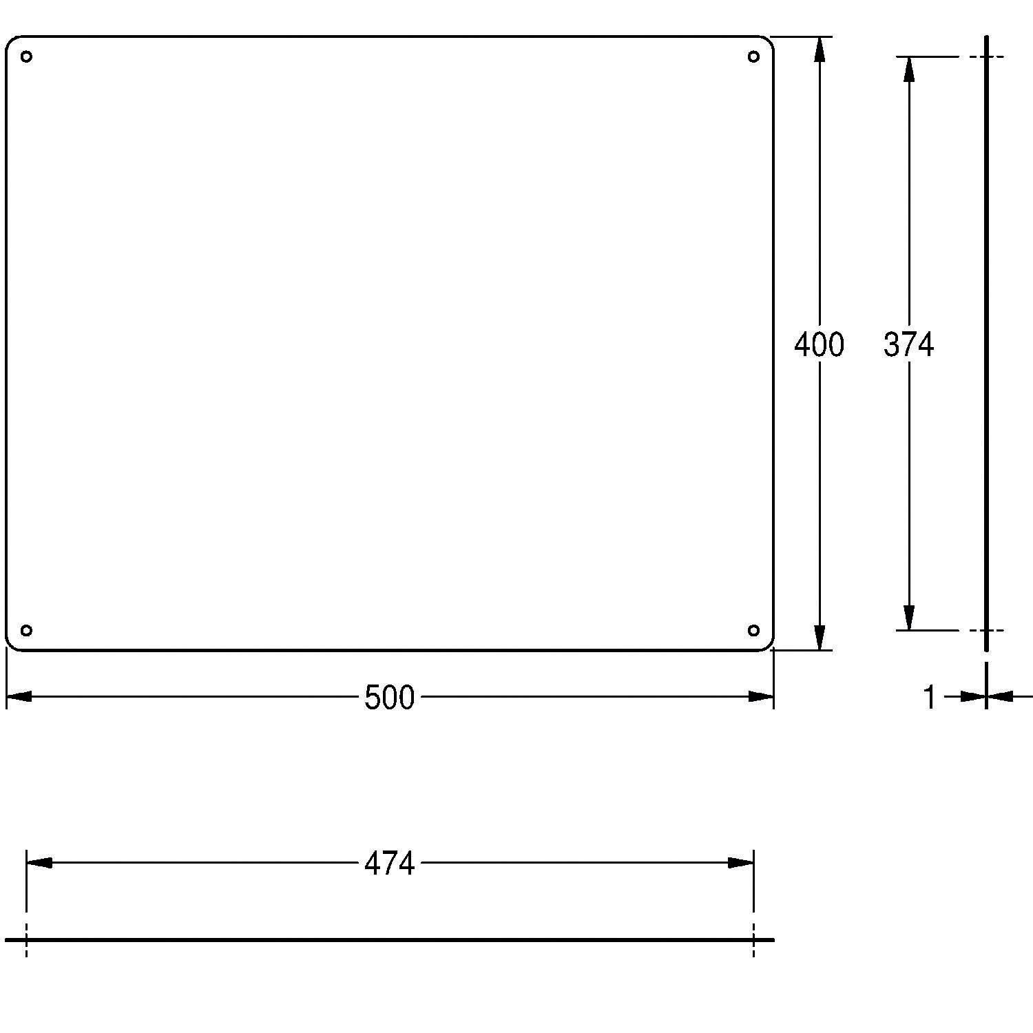 Eine technische Zeichnung einer rechteckigen Platte mit Löchern an den Ecken. Abmessungen 500x400 mm mit einer Dicke von 1 mm und einem Innenraum von 474x374 mm.