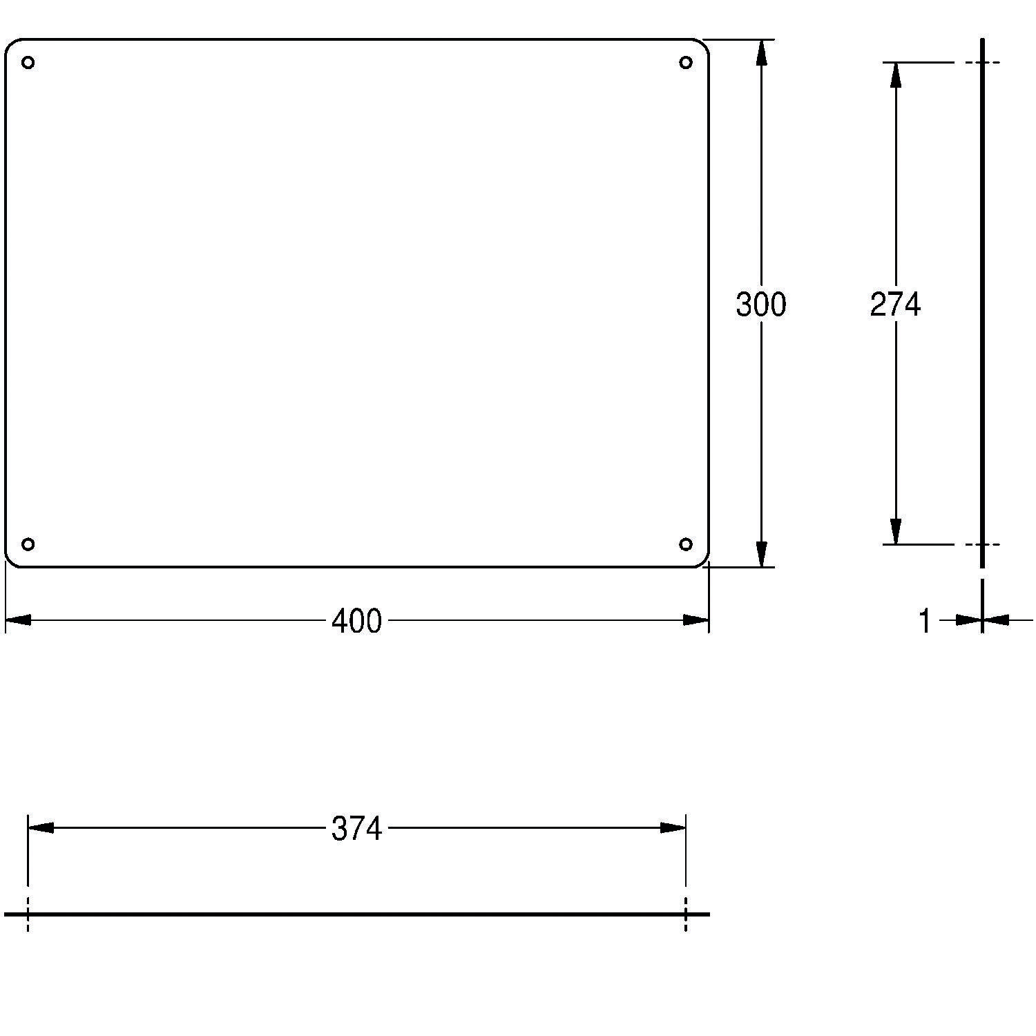 Technische Zeichnung mit einem Rechteck und folgenden Abmessungen: Breite 400 mm, Höhe 300 mm, innere Höhe 274 mm und Randstärke 1 mm.
