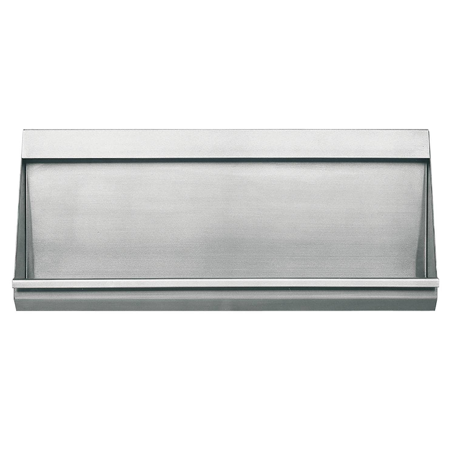 Eine schlanke Dunstabzugshaube aus Edelstahl mit flachem, minimalistischem Design vor einem schwarzen Hintergrund.