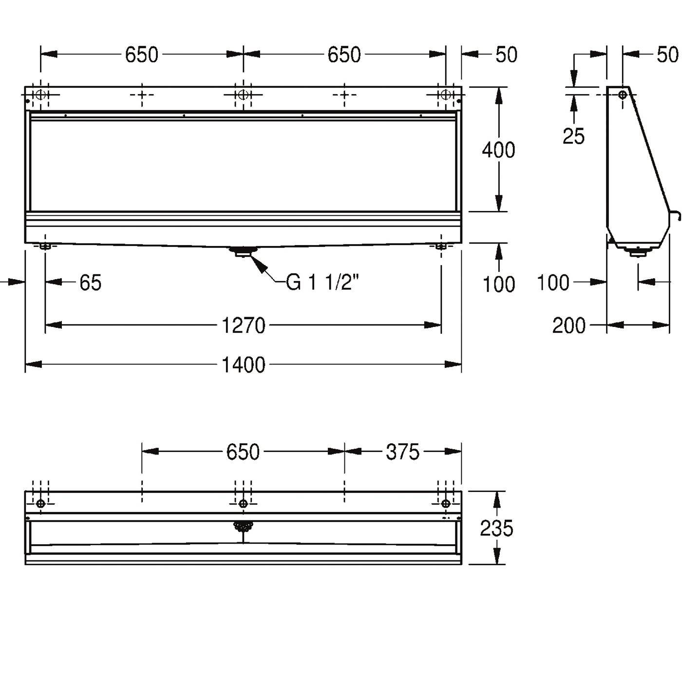 Technische Zeichnung eines rechteckigen Tanks oder einer Einheit mit Vorder-, Seiten- und Draufsicht, mit Abmessungen einschließlich 1400 mm Länge, 400 mm Höhe und einem G 1 1/2