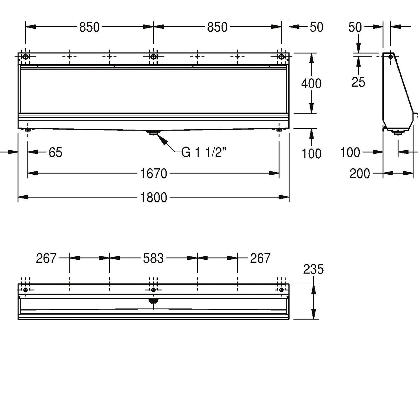 Technische Zeichnung eines rechteckigen Troges oder Behälters mit Vorder-, Seiten- und Draufsicht mit Abmessungen von 1800 mm Länge, 400 mm Höhe und 235 mm Breite sowie Auslauf mit Kennzeichnung G 1 1/2