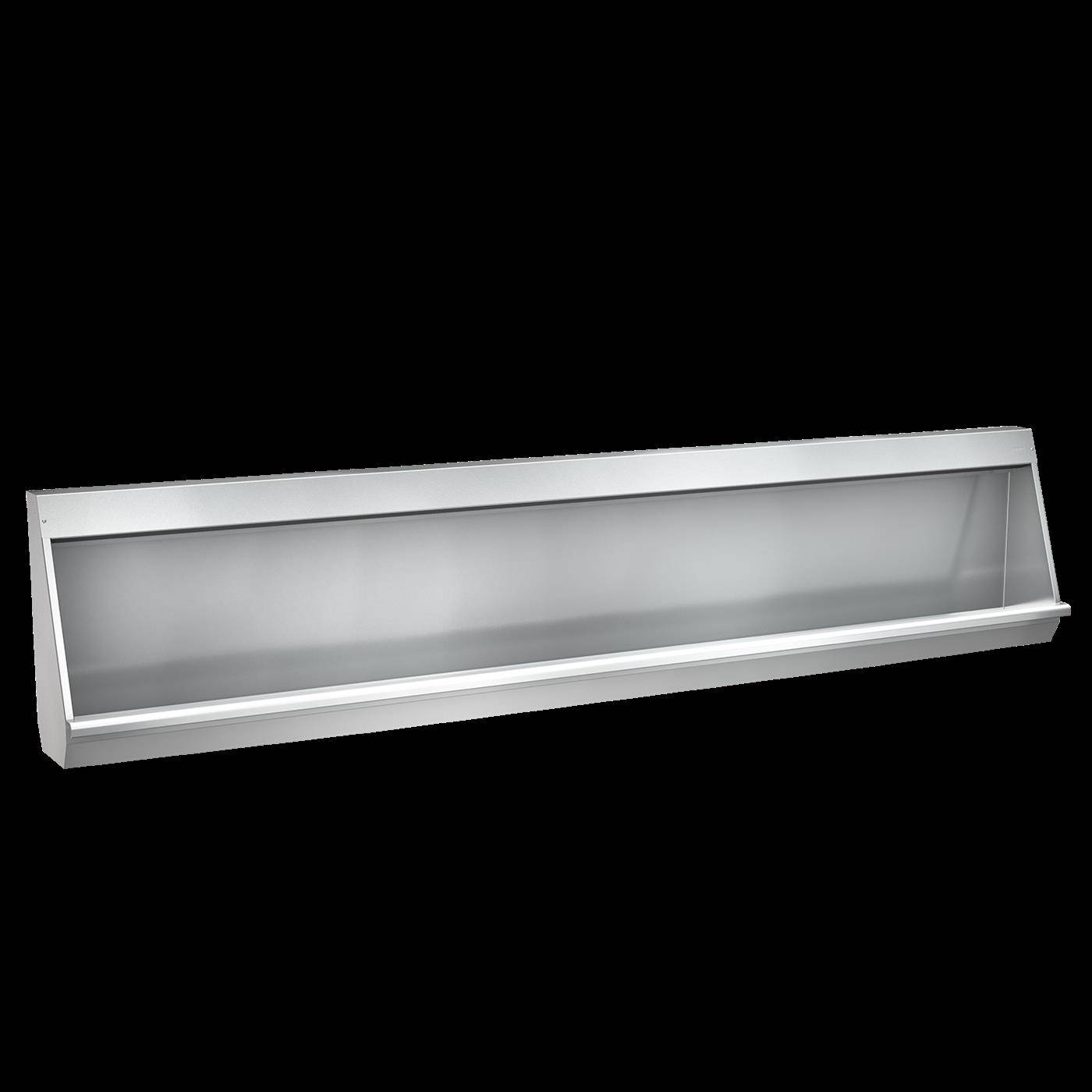 Lange silberne wandmontierte Leuchte mit mattiertem Diffusor auf schwarzem Hintergrund.