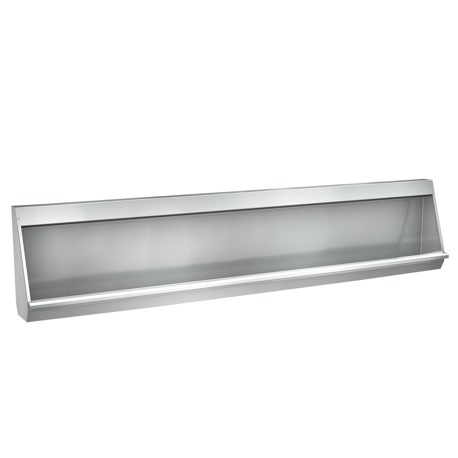 Eine Vitrine aus Edelstahl mit transparenter Frontscheibe, die zur Präsentation von Artikeln in einem Einzelhandels- oder Lebensmittelumfeld verwendet wird.