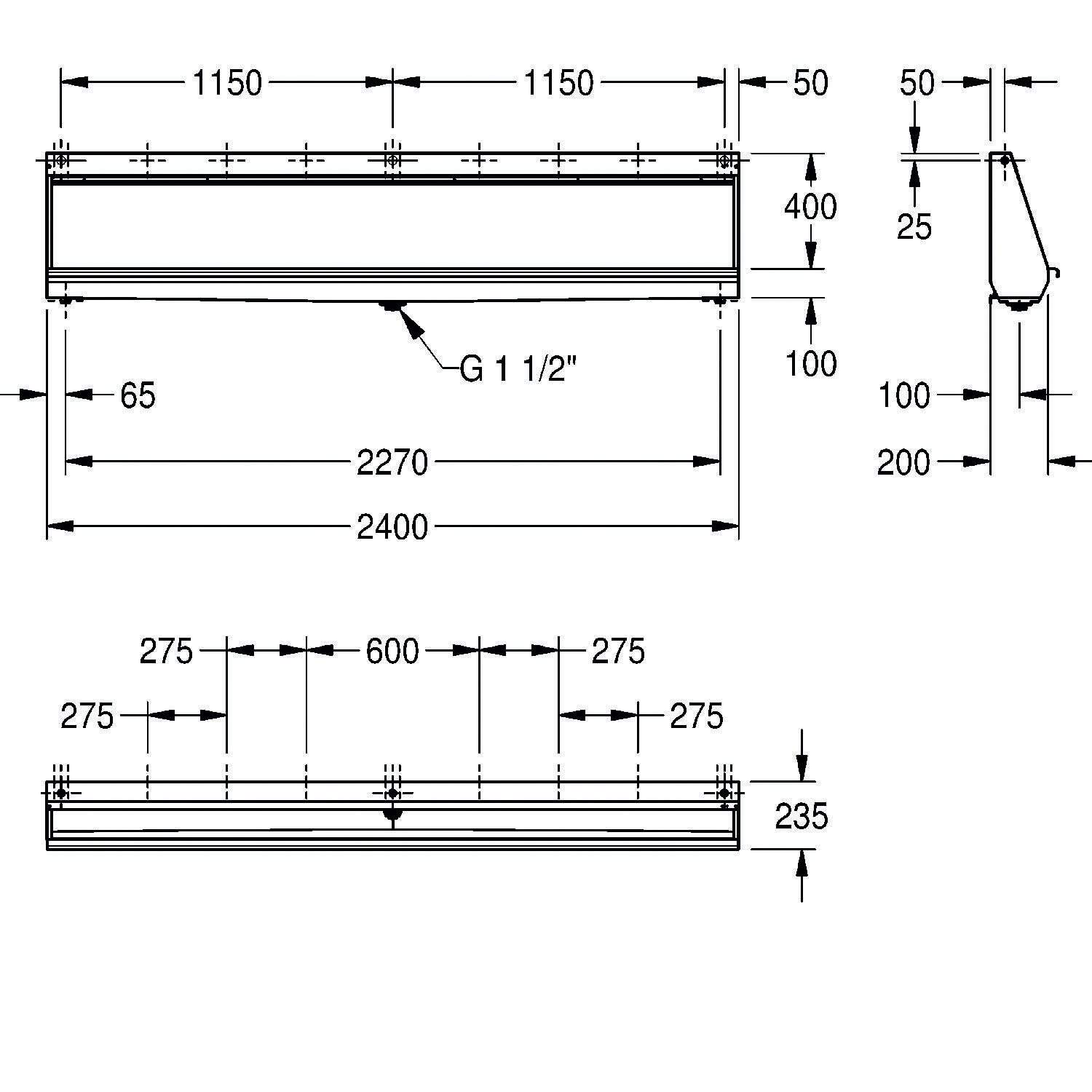 Technische Zeichnung eines rechteckigen Trägers mit Abmessungen; Länge 2470 mm, Breite 275 mm, Höhe 400 mm. Seiten- und Draufsicht dargestellt.