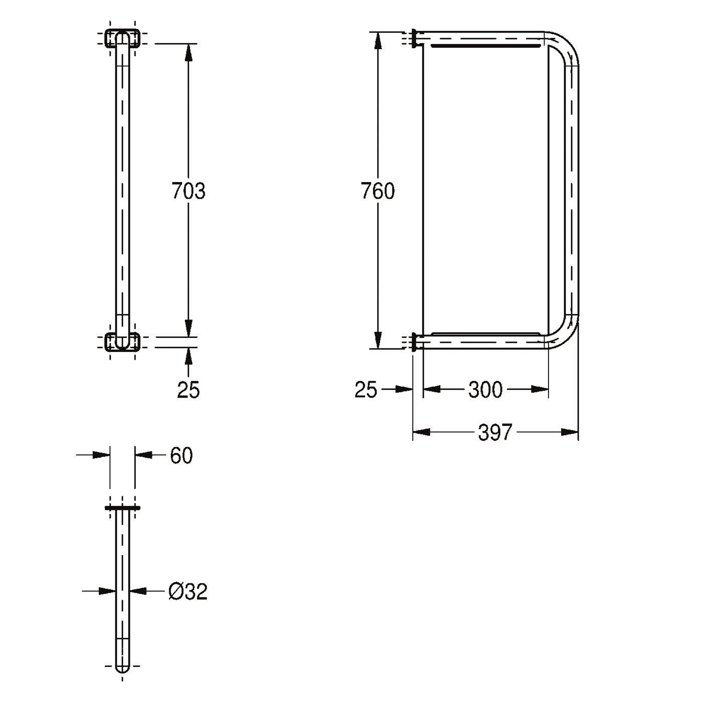 Technische Strichzeichnung eines rohrförmigen Griffs mit Abmessungen: 703 mm Höhe, 760 mm Höhe gebogene Seite, 397 mm Breite, 300 mm innere Spannweite, 60 mm Tiefe und Ø32 mm Rohrdurchmesser.