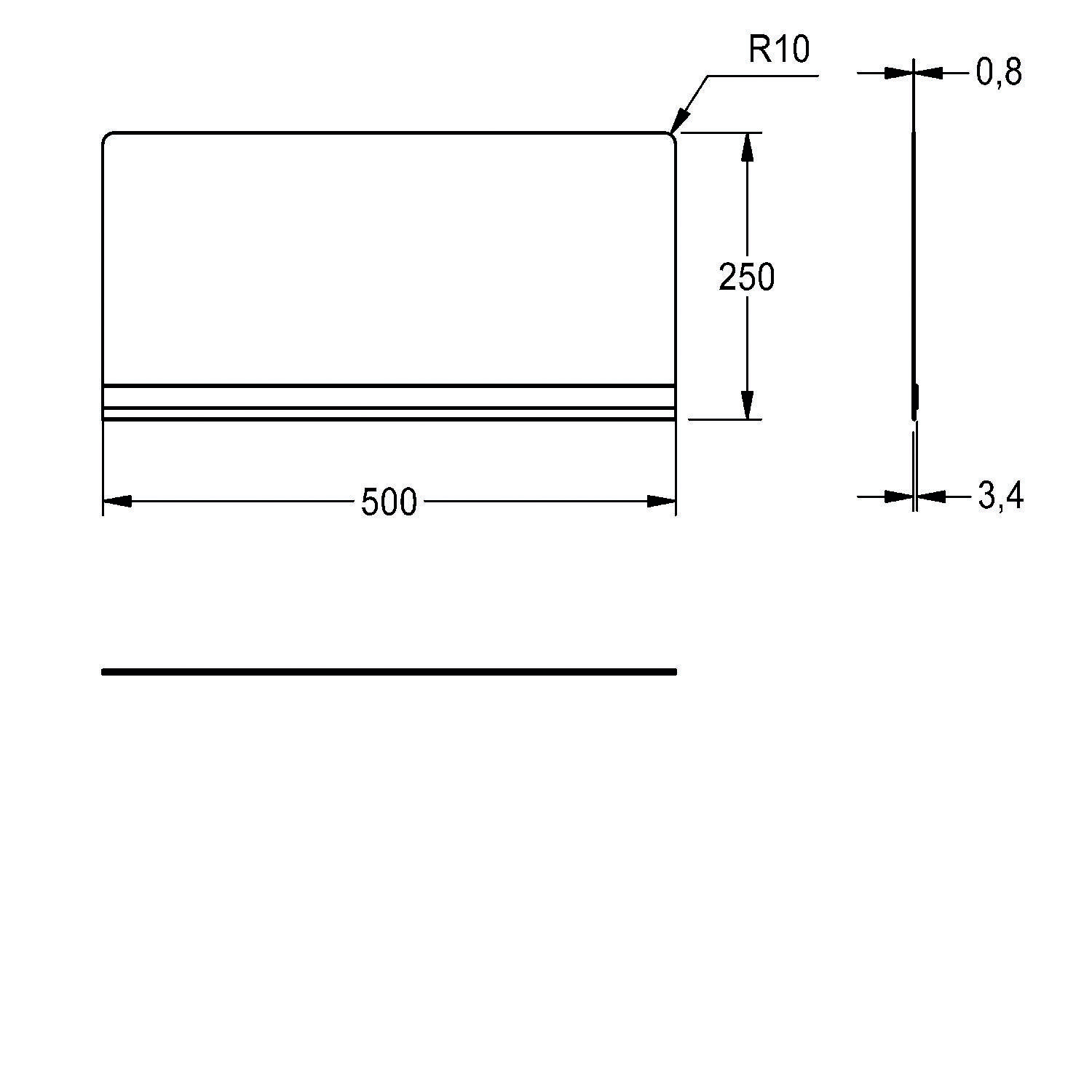 Technische Zeichnung eines rechteckigen Objekts mit abgerundeten Ecken; Abmessungen: 500 mm breit, 250 mm hoch, 0,8 mm dick, Eckenradius R10.